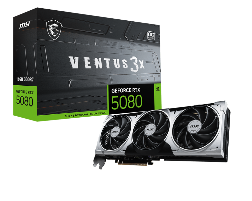 بطاقة رسومات MSI GeForce RTX 5080 16G VENTUS 3X OC PLUS، ذاكرة 16 جيجابايت GDDR7، منفذ PCIe 5.0