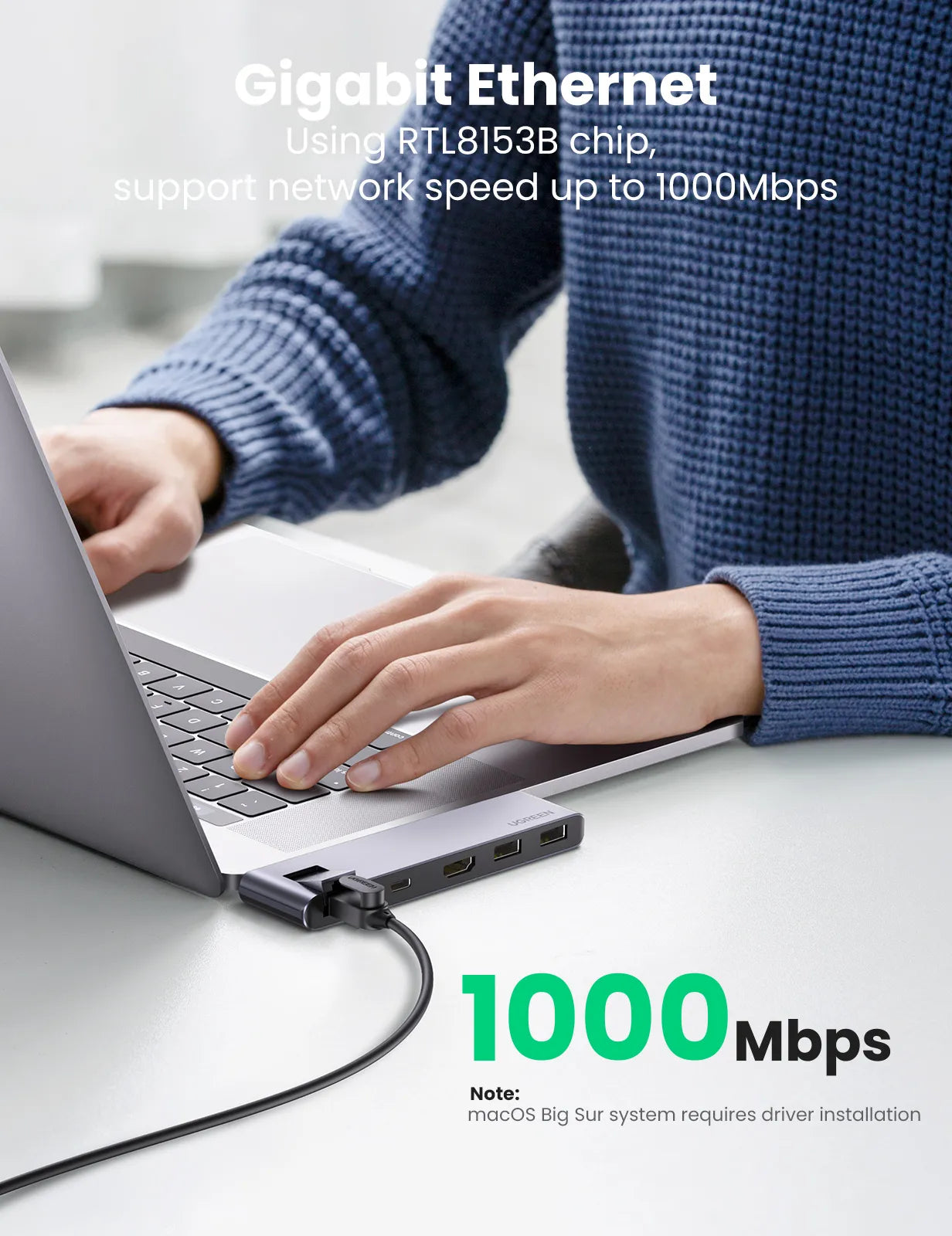 محول Ugreen 5 في 2، موزع USB-C مزدوج إلى HDMI و2 منفذ USB 3.0 ومنفذ USB-C أنثى مع إيثرنت جيجابت