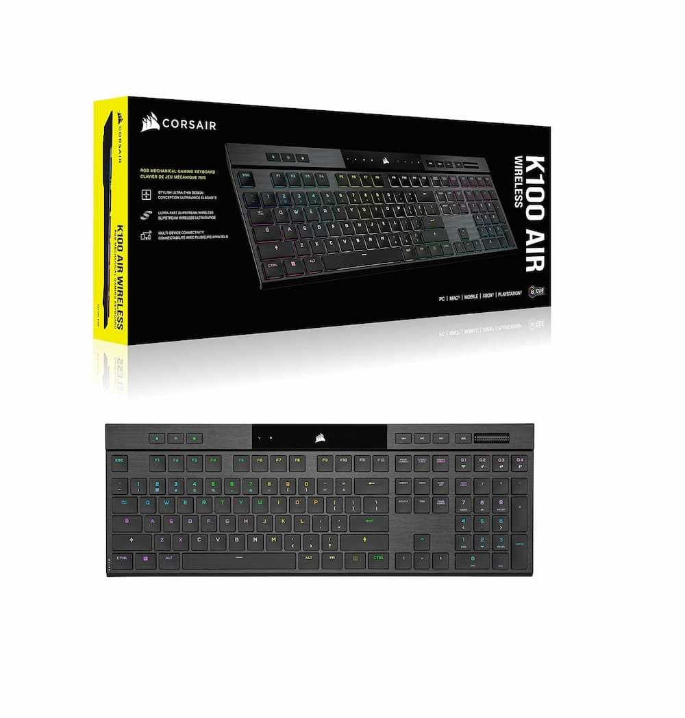 لوحة مفاتيح الألعاب الميكانيكية اللاسلكية Corsair K100 Air RGB فائقة النحافة، Cherry MX Ultra Low Profile Tactile، بلوتوث بزمن استجابة منخفض - أسود