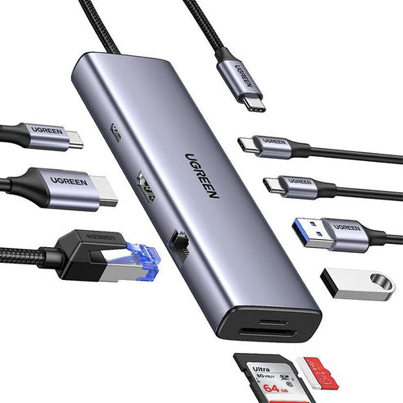 قاعدة محول يو جرين 9 في 1 USB-C متعدد الوظائف مع منافذ USB 3.0، وقارئ بطاقات microSD وSD، ومنفذ HDMI بدقة 4K، ومنفذ VGA بدقة 1080p