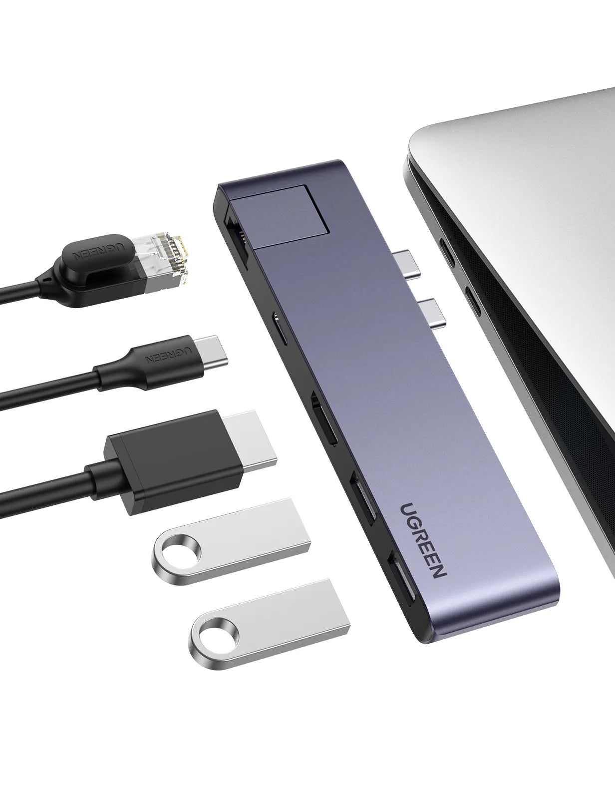 محول Ugreen 5 في 2، موزع USB-C مزدوج إلى HDMI و2 منفذ USB 3.0 ومنفذ USB-C أنثى مع إيثرنت جيجابت