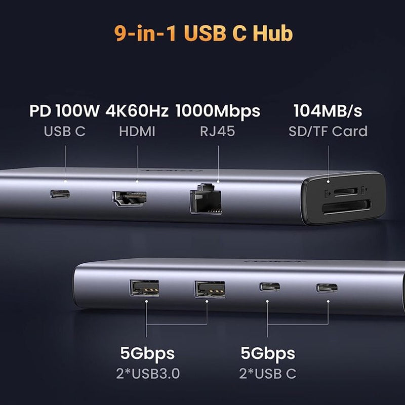 قاعدة محول يو جرين 9 في 1 USB-C متعدد الوظائف مع منافذ USB 3.0، وقارئ بطاقات microSD وSD، ومنفذ HDMI بدقة 4K، ومنفذ VGA بدقة 1080p