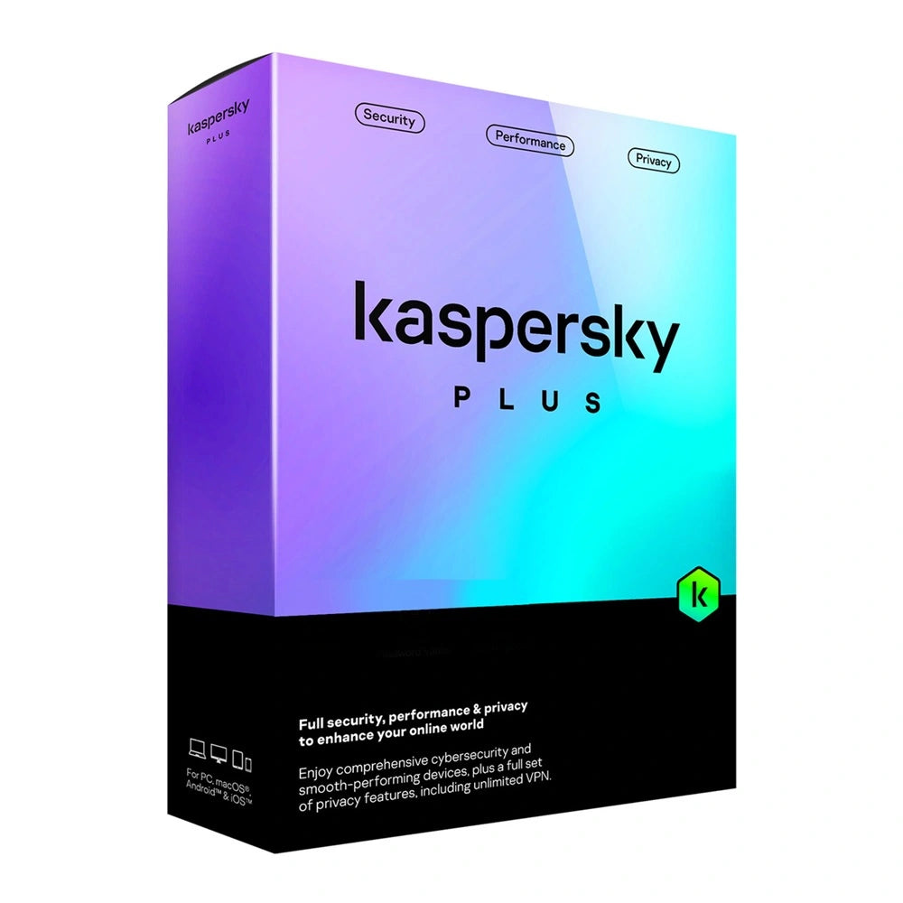 Kaspersky Plus لجهاز واحد لمدة سنة، نسخة معلبة بدون قرص مضغوط، حماية من الفيروسات والبرمجيات الخبيثة وبرامج الفدية
