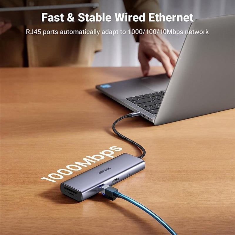 قاعدة محول يو جرين 9 في 1 USB-C متعدد الوظائف مع منافذ USB 3.0، وقارئ بطاقات microSD وSD، ومنفذ HDMI بدقة 4K، ومنفذ VGA بدقة 1080p