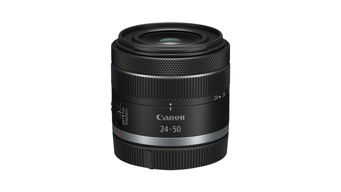 عدسة كانون RF 24-50 مم بفتحة عدسة F4.5-6.3 مع مانع اهتزاز IS، مثبت اهتزاز 4.5 توقف، تقريب بصري 2x، وفتحة عدسة ذات 7 شفرات، وتركيز STM