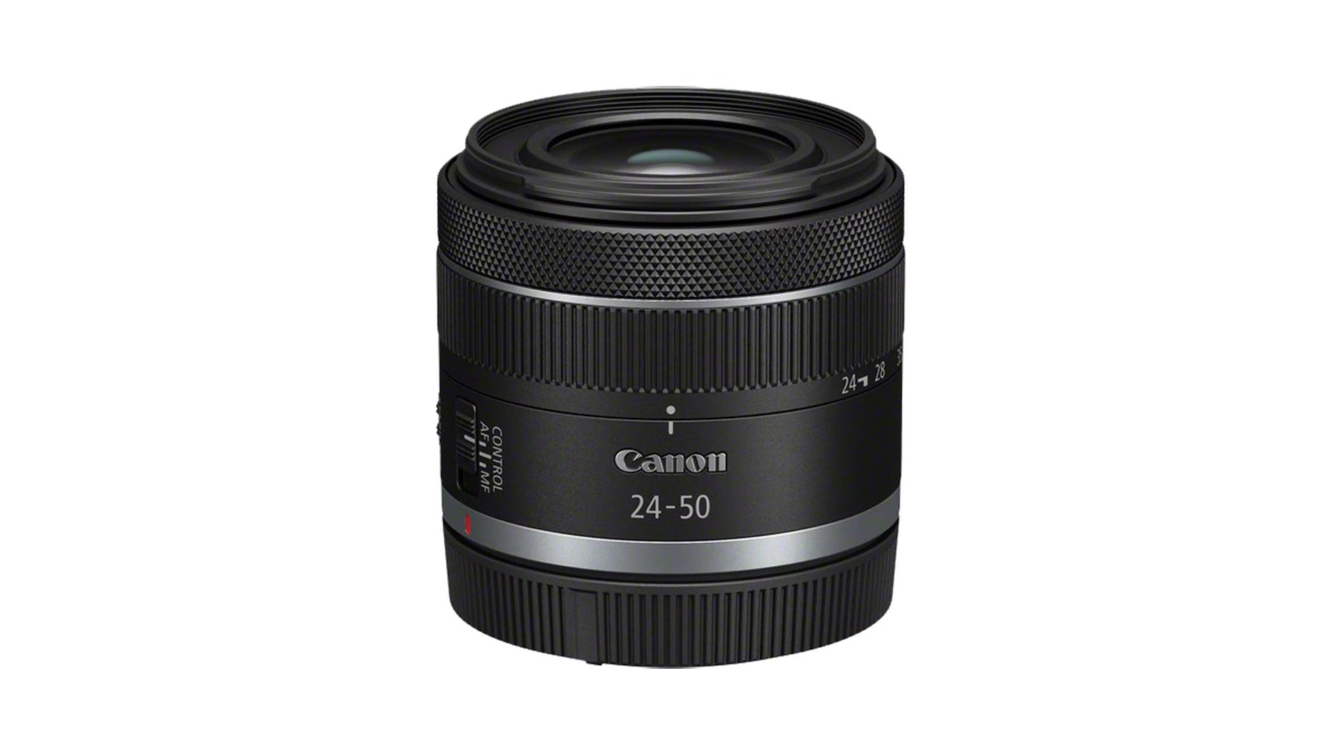 عدسة كانون RF 24-50 مم بفتحة عدسة F4.5-6.3 مع مانع اهتزاز IS، مثبت اهتزاز 4.5 توقف، تقريب بصري 2x، وفتحة عدسة ذات 7 شفرات، وتركيز STM