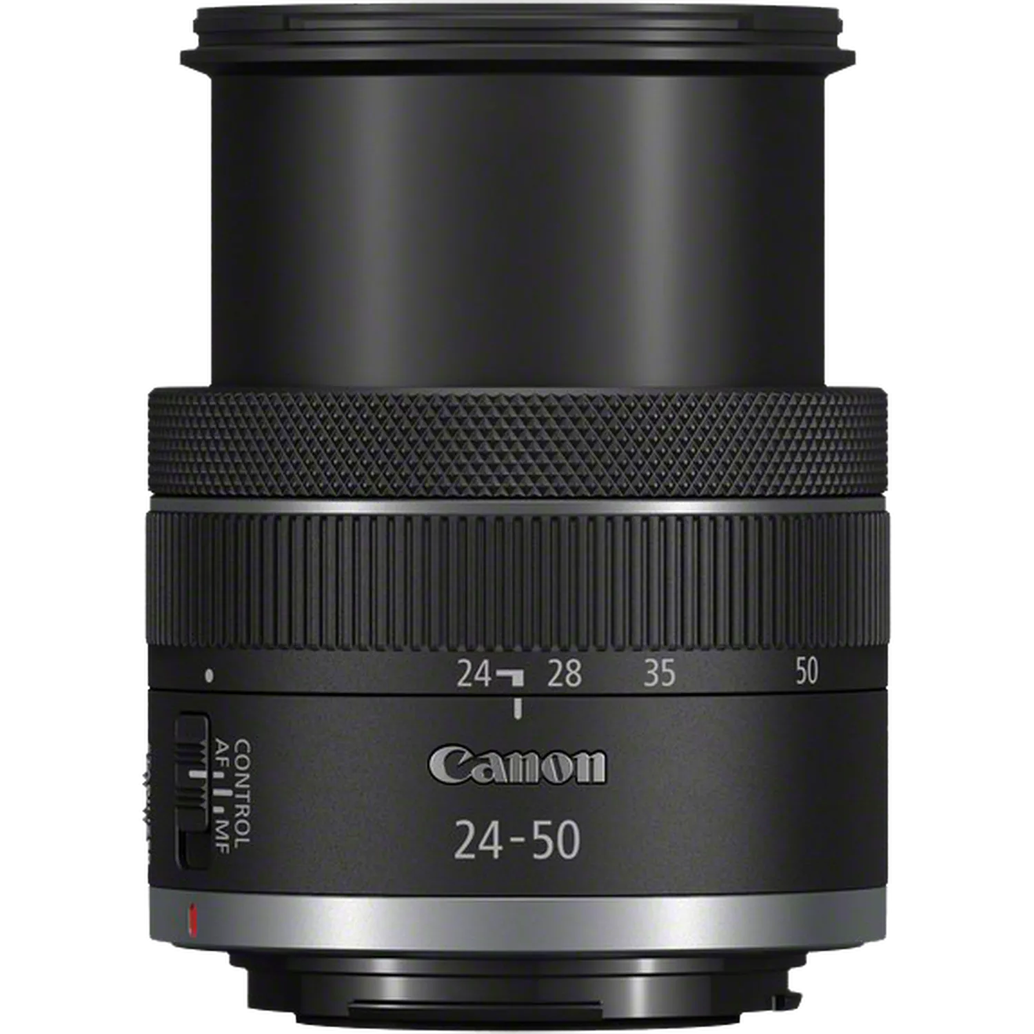 عدسة كانون RF 24-50 مم بفتحة عدسة F4.5-6.3 مع مانع اهتزاز IS، مثبت اهتزاز 4.5 توقف، تقريب بصري 2x، وفتحة عدسة ذات 7 شفرات، وتركيز STM