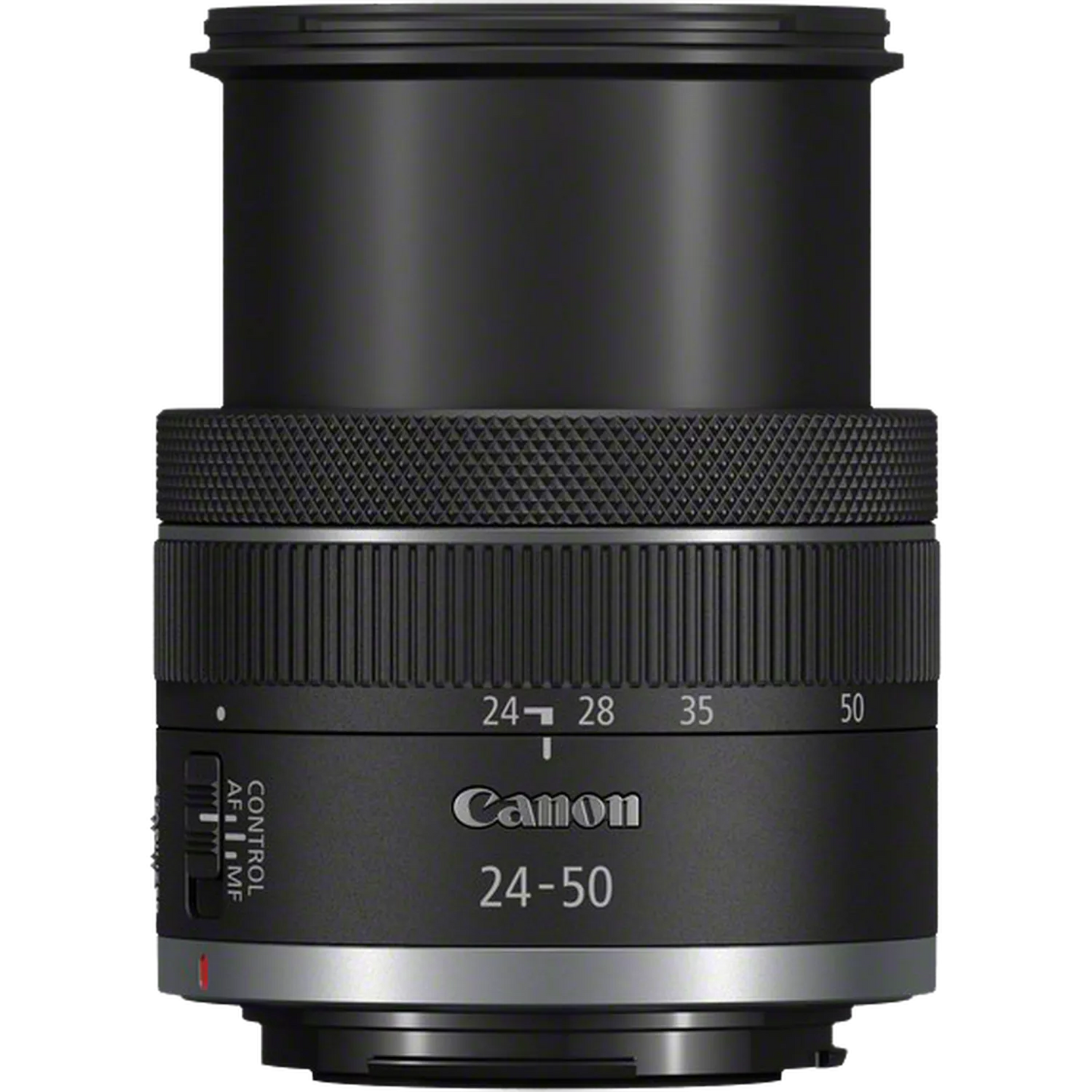 عدسة كانون RF 24-50 مم بفتحة عدسة F4.5-6.3 مع مانع اهتزاز IS، مثبت اهتزاز 4.5 توقف، تقريب بصري 2x، وفتحة عدسة ذات 7 شفرات، وتركيز STM