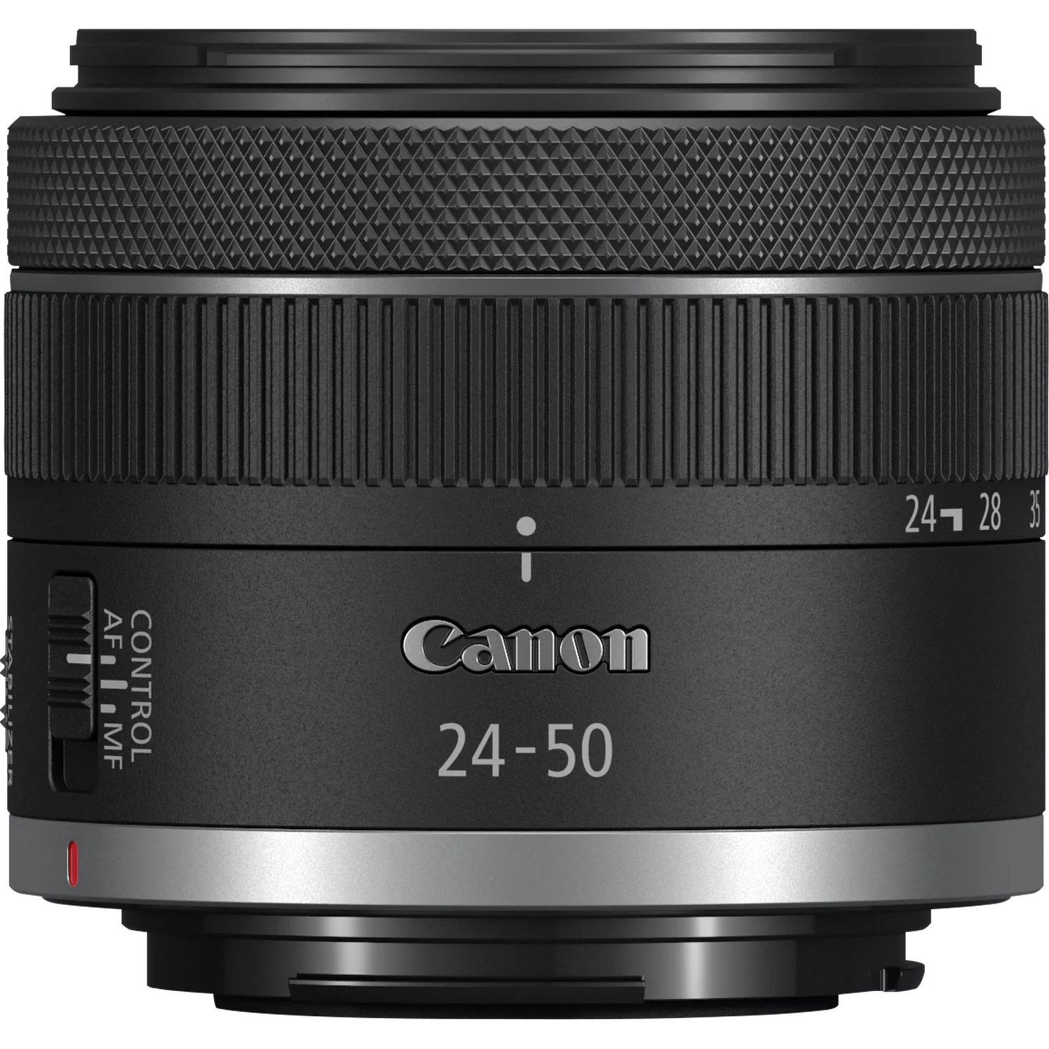 عدسة كانون RF 24-50 مم بفتحة عدسة F4.5-6.3 مع مانع اهتزاز IS، مثبت اهتزاز 4.5 توقف، تقريب بصري 2x، وفتحة عدسة ذات 7 شفرات، وتركيز STM