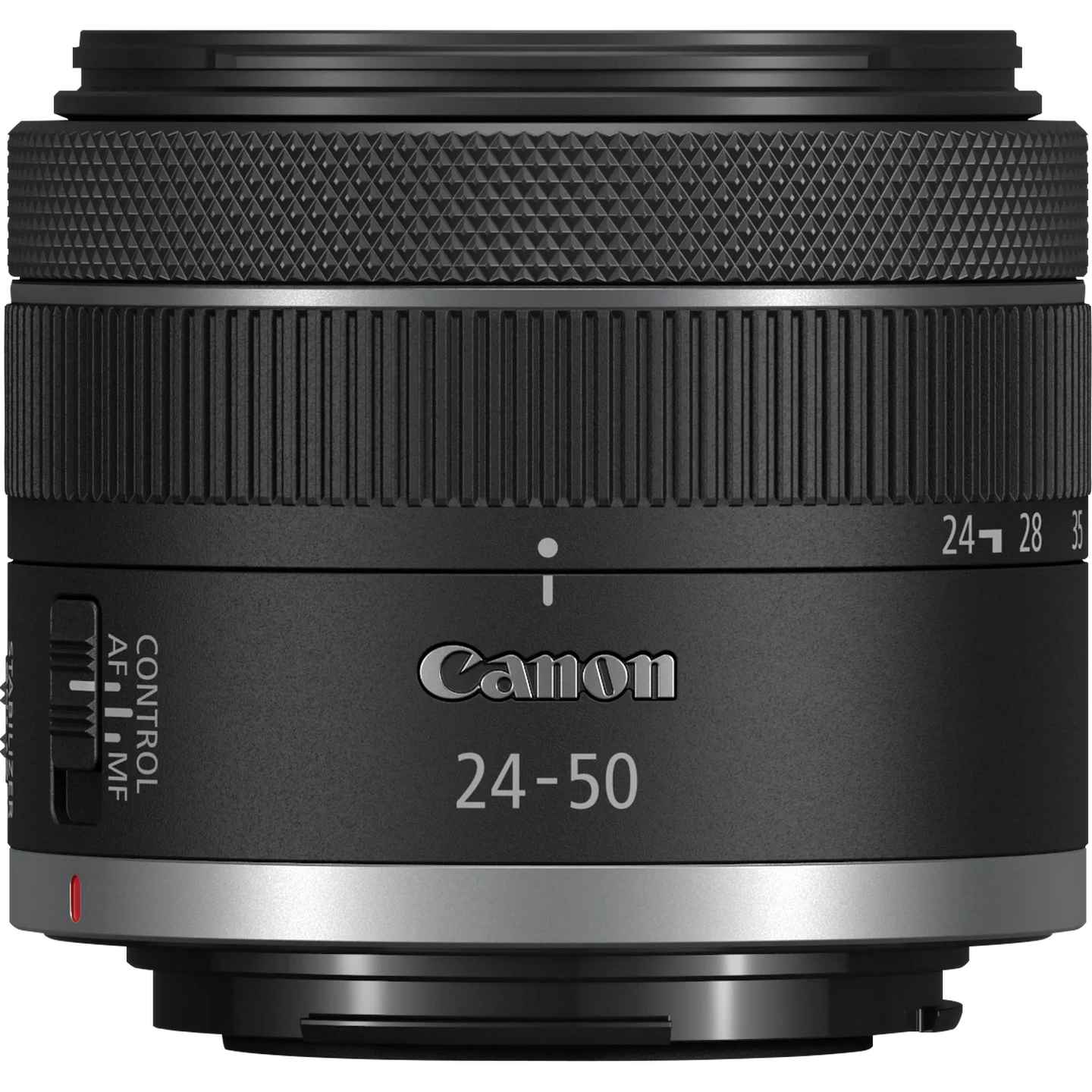 عدسة كانون RF 24-50 مم بفتحة عدسة F4.5-6.3 مع مانع اهتزاز IS، مثبت اهتزاز 4.5 توقف، تقريب بصري 2x، وفتحة عدسة ذات 7 شفرات، وتركيز STM