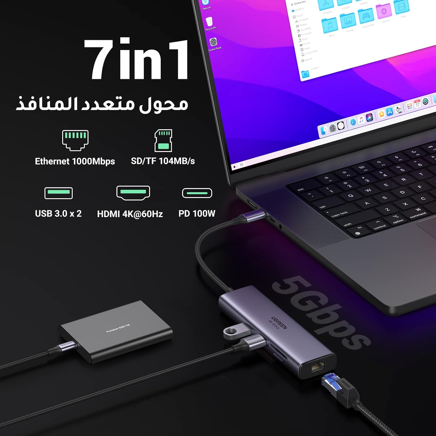Ugreen 7 In 1 USB C Hub 4K, 60Hz Type C to HDMI Dongle with Gigabit Ethernet, SD/TF Card Reader