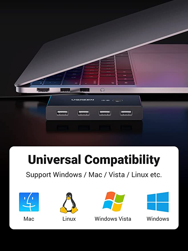 مفتاح تحديد يوجرين USB 2.0، مفتاح KVM USB 2 في 4 مخارج، بطول 1.5 متر، متوافق مع الكمبيوتر الشخصي والكمبيوتر المحمول والماسح الضوئي والطابعة - أسود