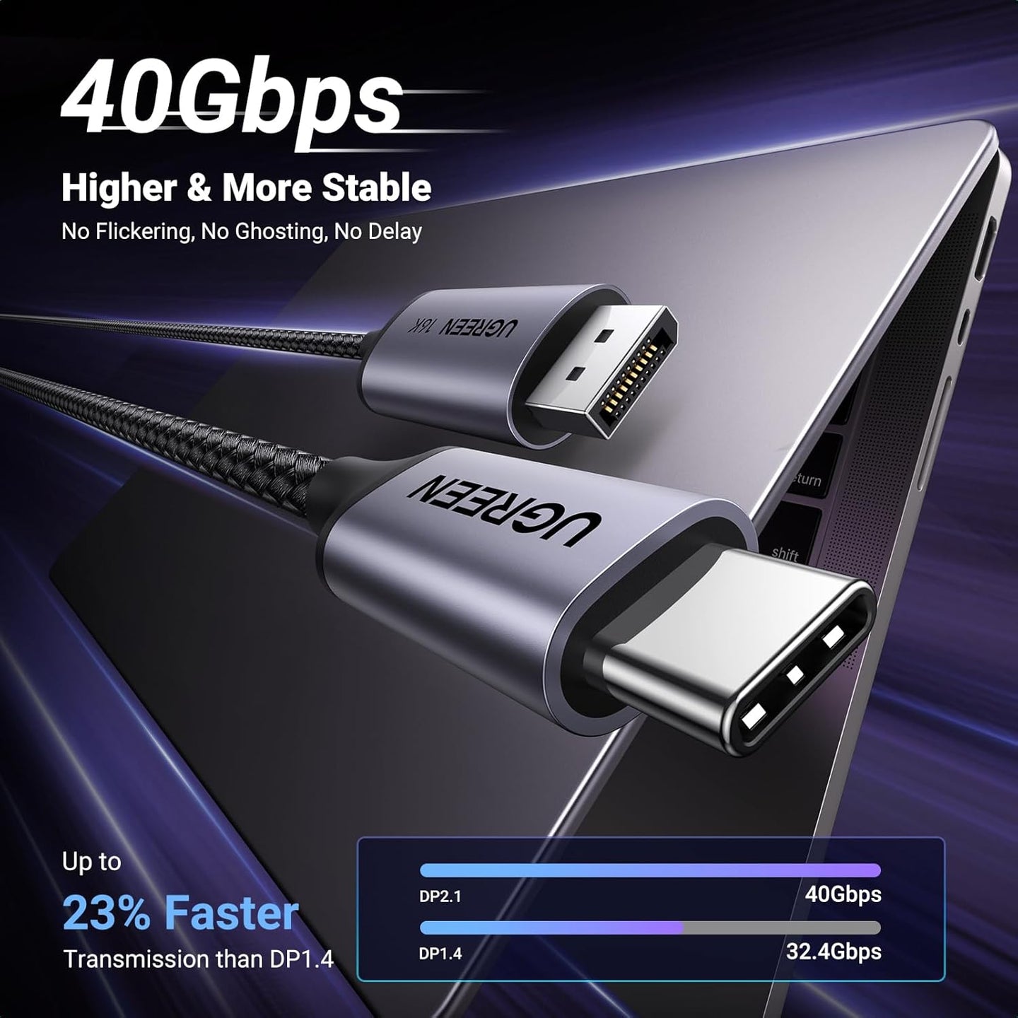 كابل Ugreen USB C إلى DisplayPort، 16K 30HZ ألمنيوم مضفر بالنيكل