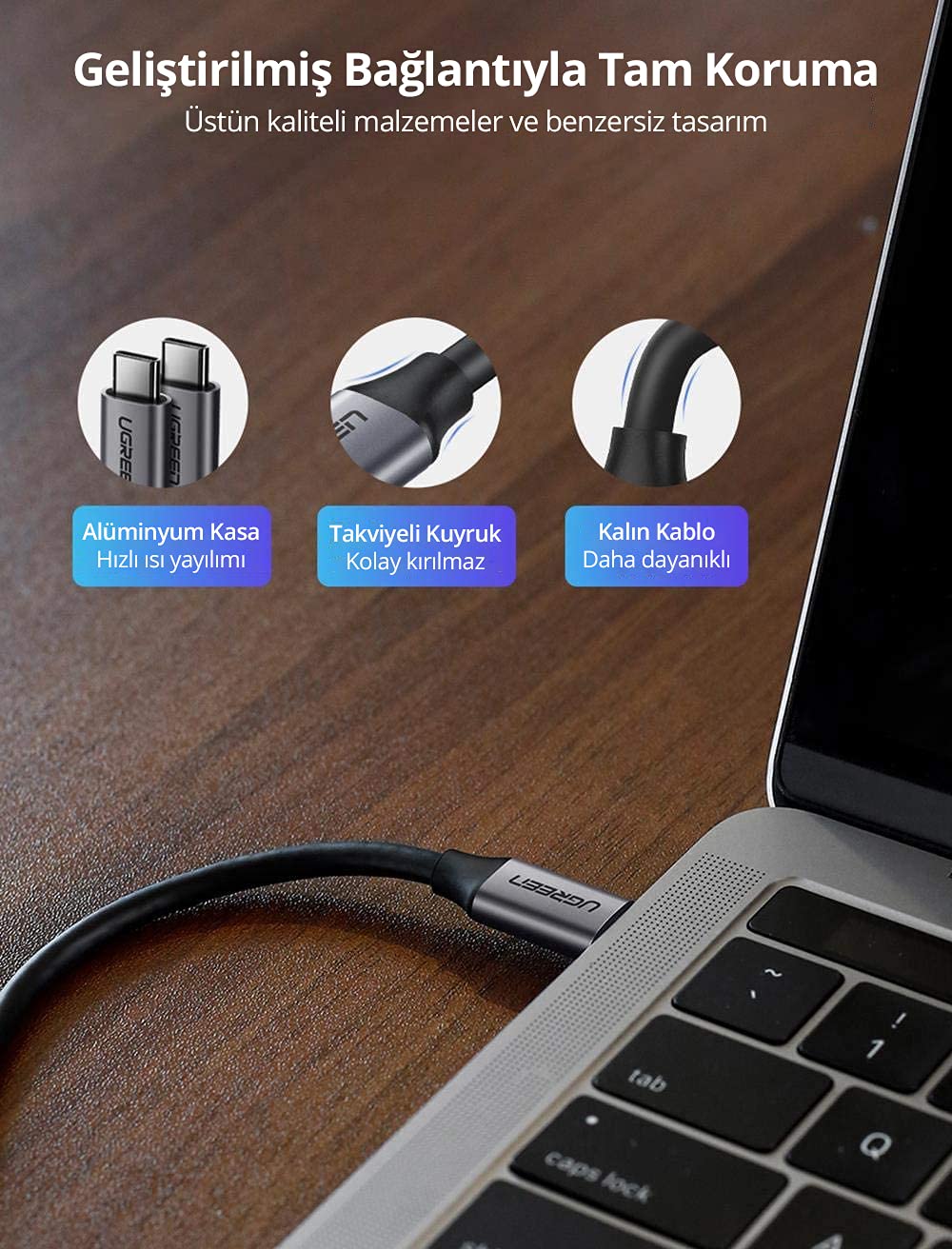 Ugreen USB 3.1 Type C Male to Type C Male Cable Nickel Plating Aluminum Shell, 1.5 Meter