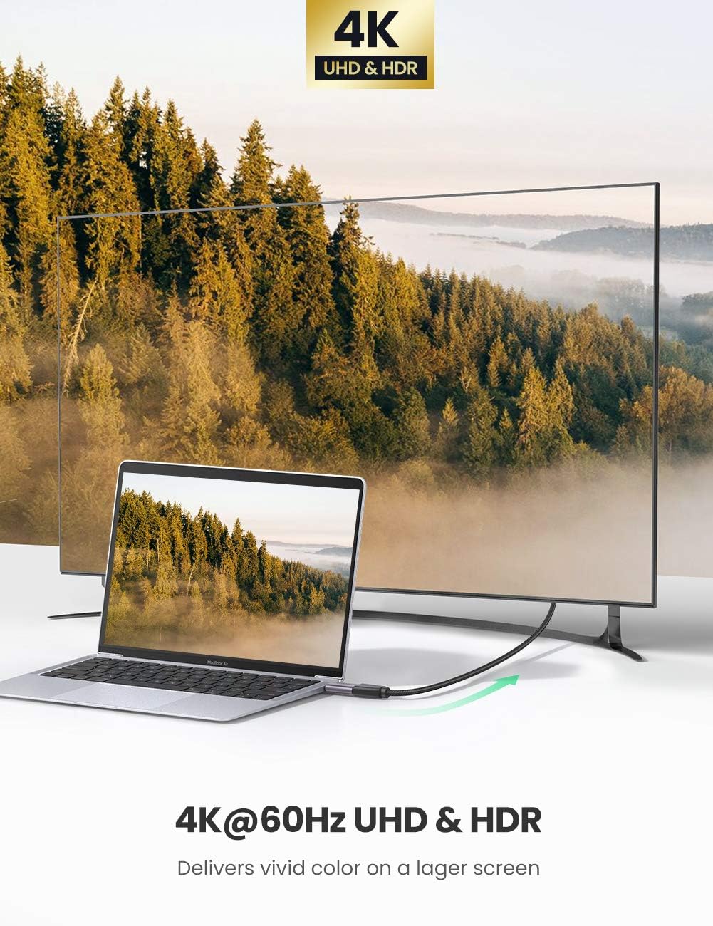 محول Ugreen USB C إلى HDMI 4K 60Hz، محول ذكر Type C Thunderbolt 3 إلى أنثى HDMI 2.0