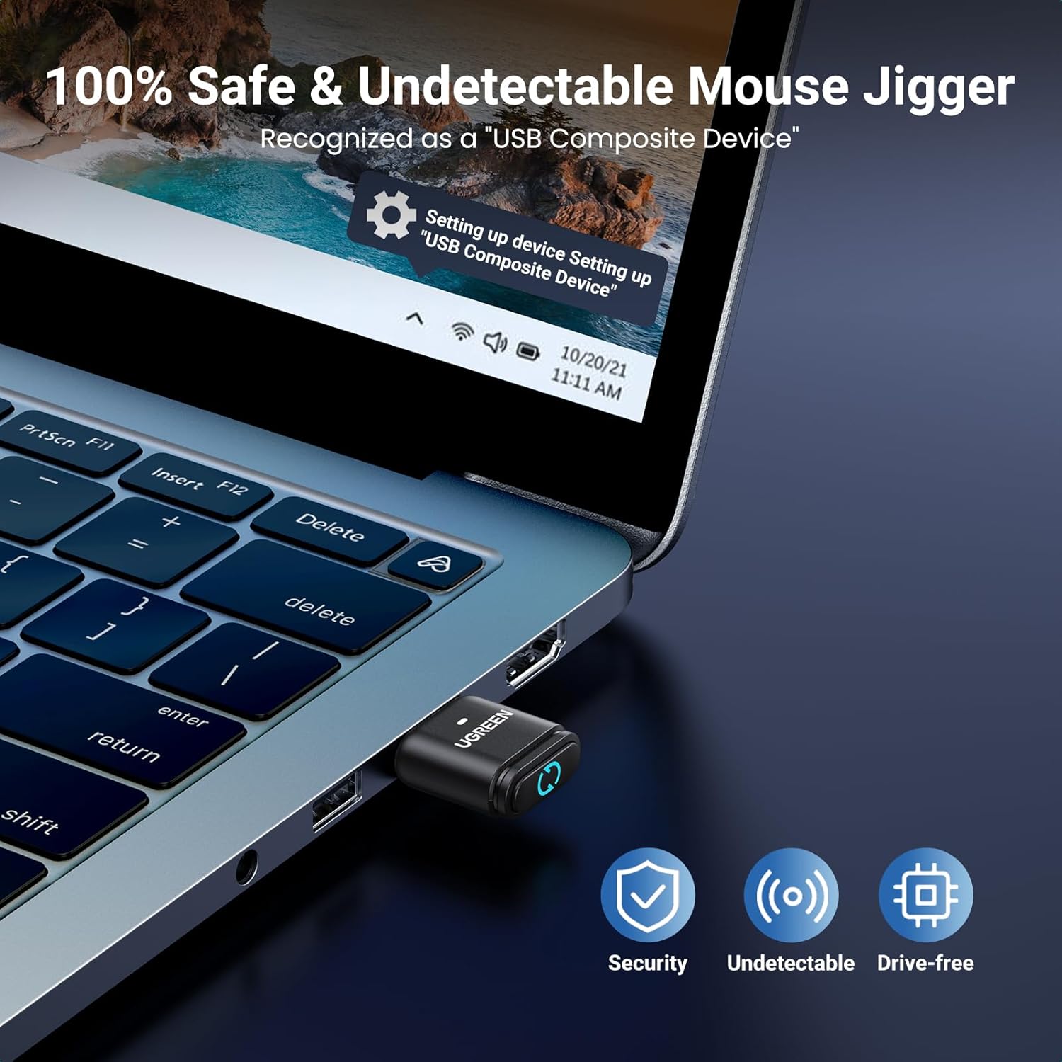 محول بلوتوث 5.3 من يوجرين للكمبيوتر، مهتز فأرة، محرك فأرة USB غير قابل للكشف بوضعين للاهتزاز