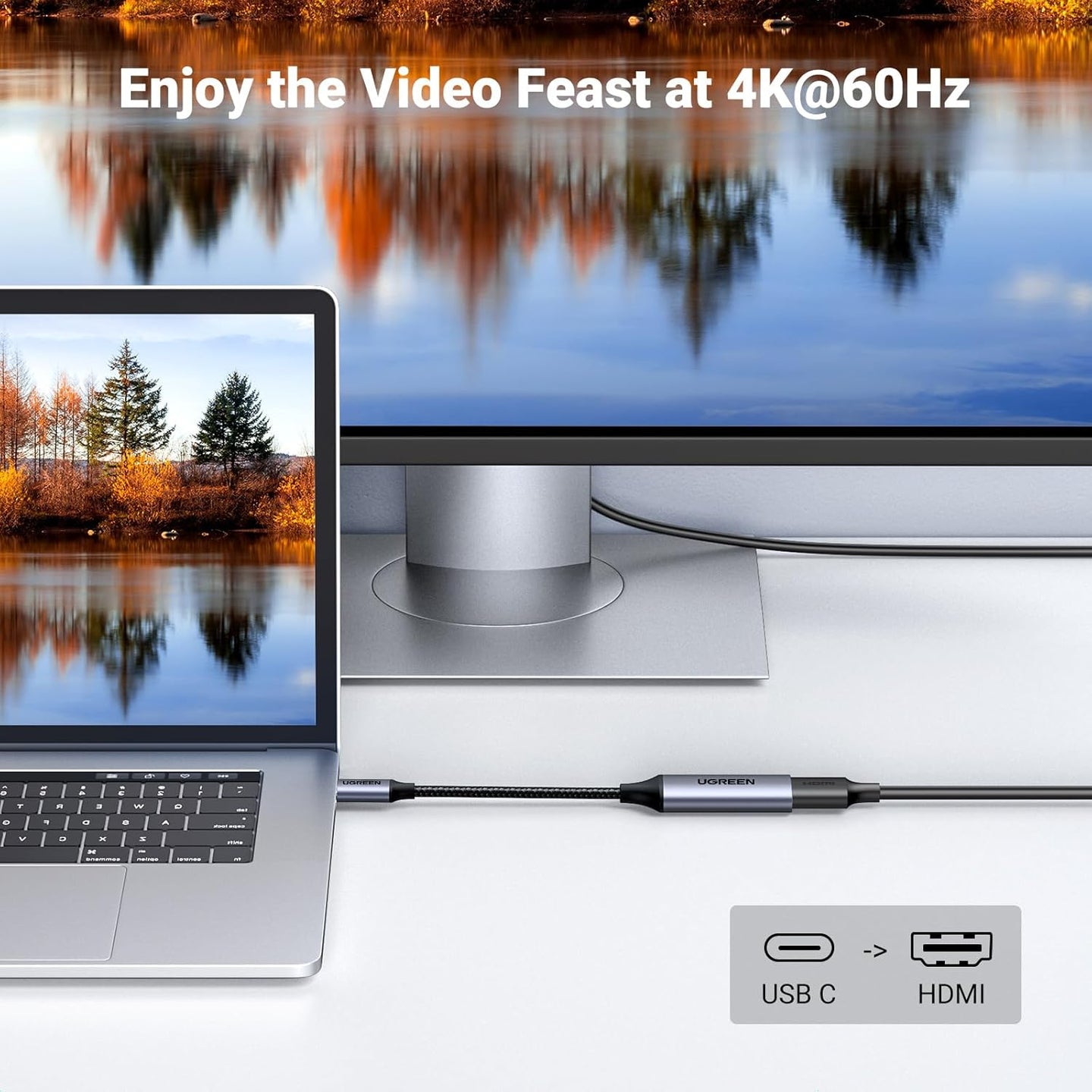 كابل محول USB C إلى HDMI من Ugreen بدقة 4K 60Hz من الألومنيوم، محول Type C Thunderbolt 4/3 من ذكر إلى أنثى