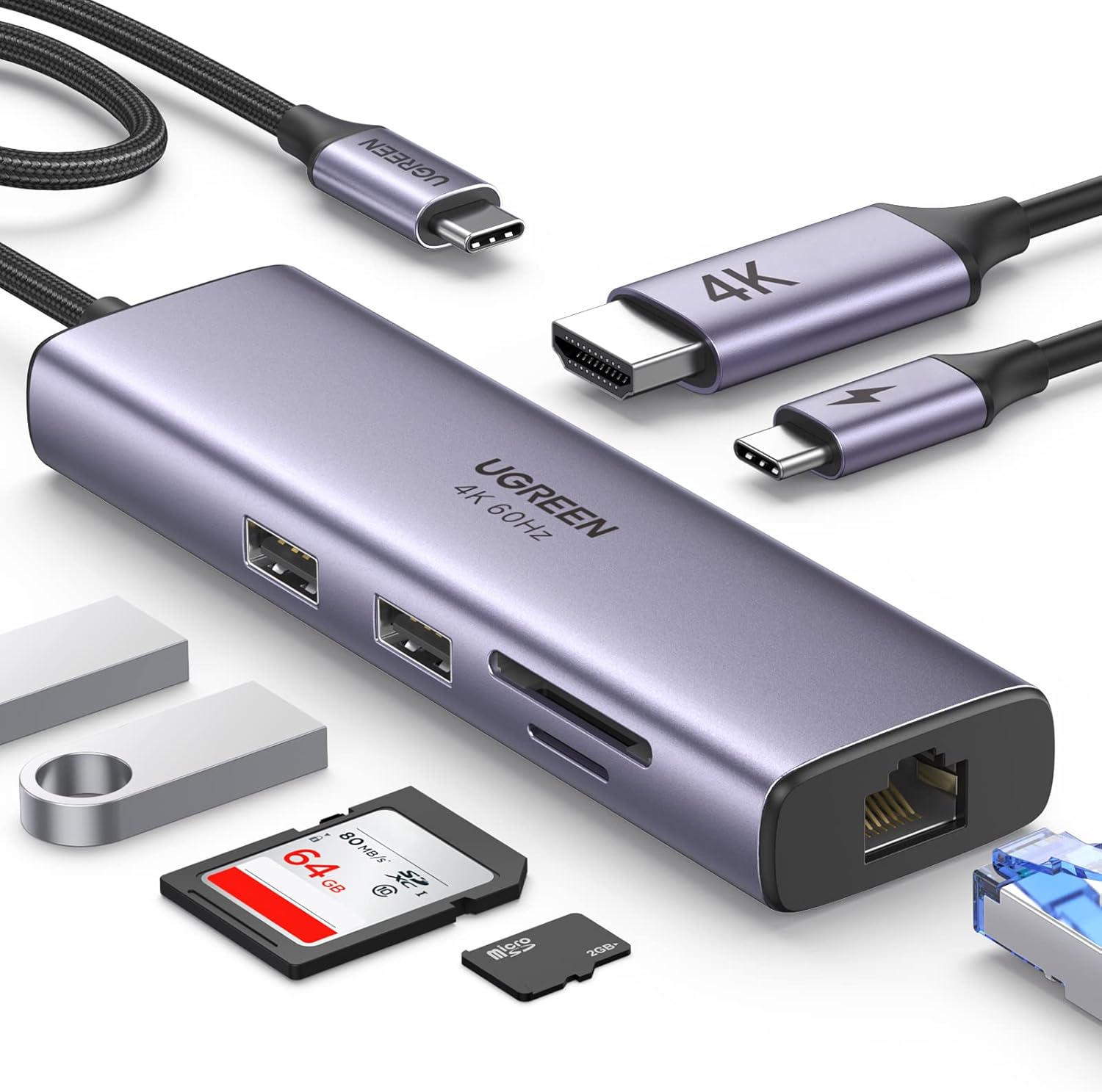 Ugreen 7 In 1 USB C Hub 4K, 60Hz Type C to HDMI Dongle with Gigabit Ethernet, SD/TF Card Reader