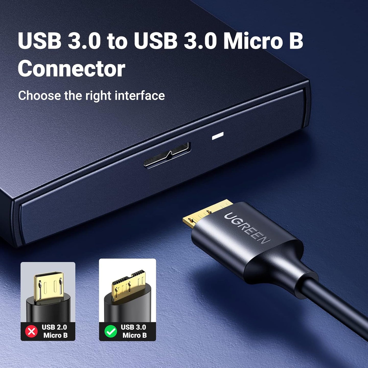 كابل Ugreen USB 3.0 ذكر A إلى Micro USB 3.0 ذكر، سرعة عالية 5 جيجابت في الثانية