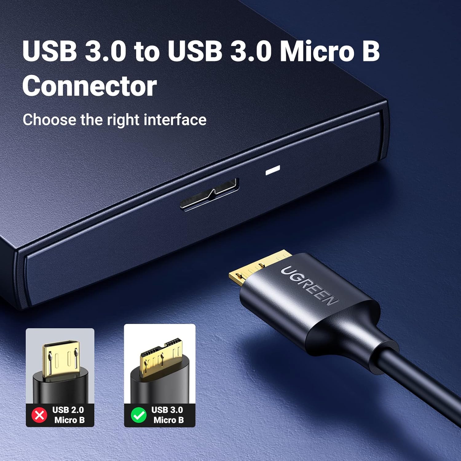 كابل Ugreen USB 3.0 ذكر A إلى Micro USB 3.0 ذكر، سرعة عالية 5 جيجابت في الثانية