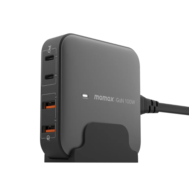 Momax OnePlug 4 Ports Desktop GaN Charger 100W, Ultra Compact Design, Smart Safety Protection - Grey