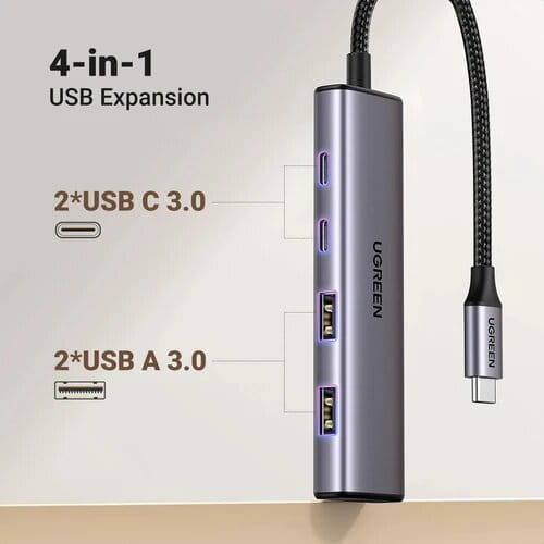 موزع USB C من الألومنيوم من يوجرين، 4 منافذ USB C مع 2 USB C و2 USB 3.0، موزع متعدد المنافذ USB-C بسرعة 5 جيجابت في الثانية