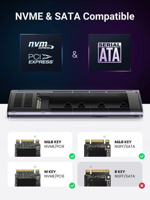 علبة محرك أقراص Ugreen NVMe وSATA M.2 بدون أدوات، USB C 3.2 Gen2 بسرعة 10 جيجابت في الثانية، تدعم UASP Trim