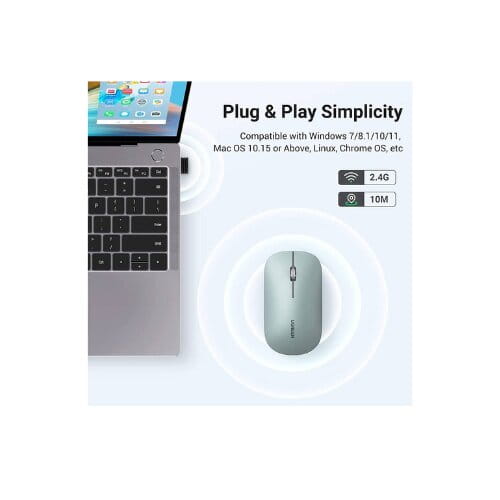 ماوس لاسلكي محمول من Ugreen مع مستقبل USB، 4000 نقطة لكل بوصة، اتصال 2.4 جيجاهرتز، عمر بطارية 18 شهرًا