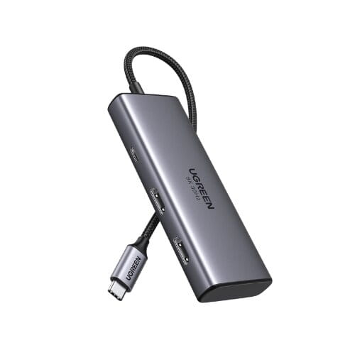 موزع USB-C من يوجرين ريفودوك 206 6 في 1، ثنائي HDMI، شاشة 8K، توصيل طاقة 100 واط، نقل بيانات 5 جيجابت في الثانية
