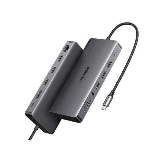 محطة إرساء USB-C يوجرين ريفودوك برو 313 13 في 1، محطة إرساء USB-C ثلاثية الشاشات 4K مزدوجة HDMI، منفذ بيانات 10 جيجابت في الثانية، إيثرنت جيجابت شحن 100 واط PD