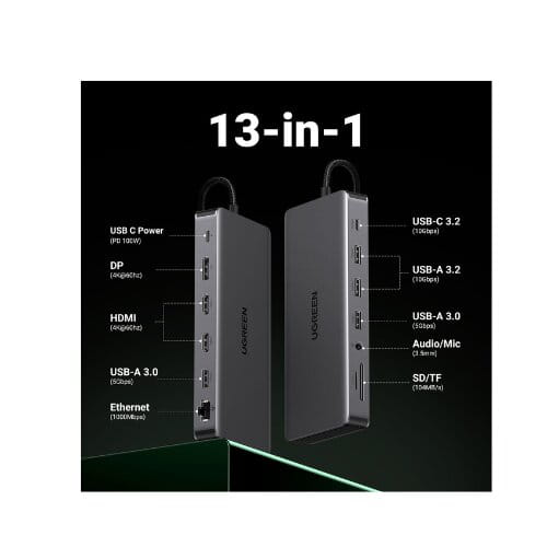 محطة إرساء USB-C يوجرين ريفودوك برو 313 13 في 1، محطة إرساء USB-C ثلاثية الشاشات 4K مزدوجة HDMI، منفذ بيانات 10 جيجابت في الثانية، إيثرنت جيجابت شحن 100 واط PD