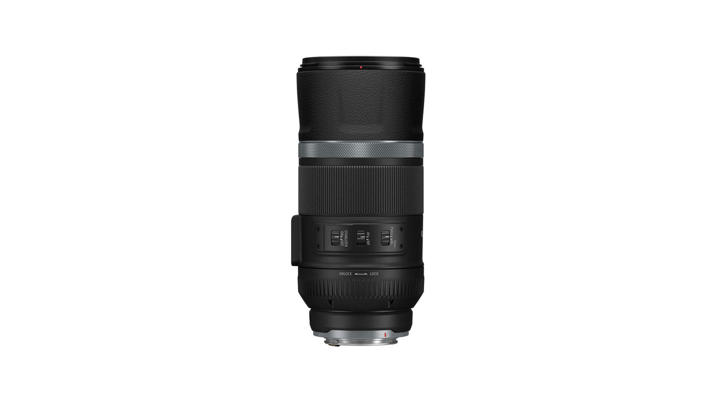 عدسة كانون RF 600mm F11 IS STM، تركيز بؤري تلقائي STM، مثبت صور بخمس توقفات، بصريات حيودية