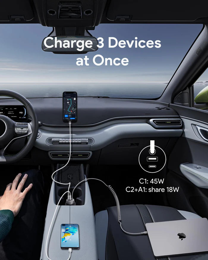 AUKEY Pathfinder Sling 72W Fast Charging Car Charger with Built-in Cable (CC-P2-GY)