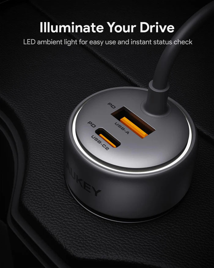 AUKEY Pathfinder Sling 72W Fast Charging Car Charger with Built-in Cable (CC-P2-GY)