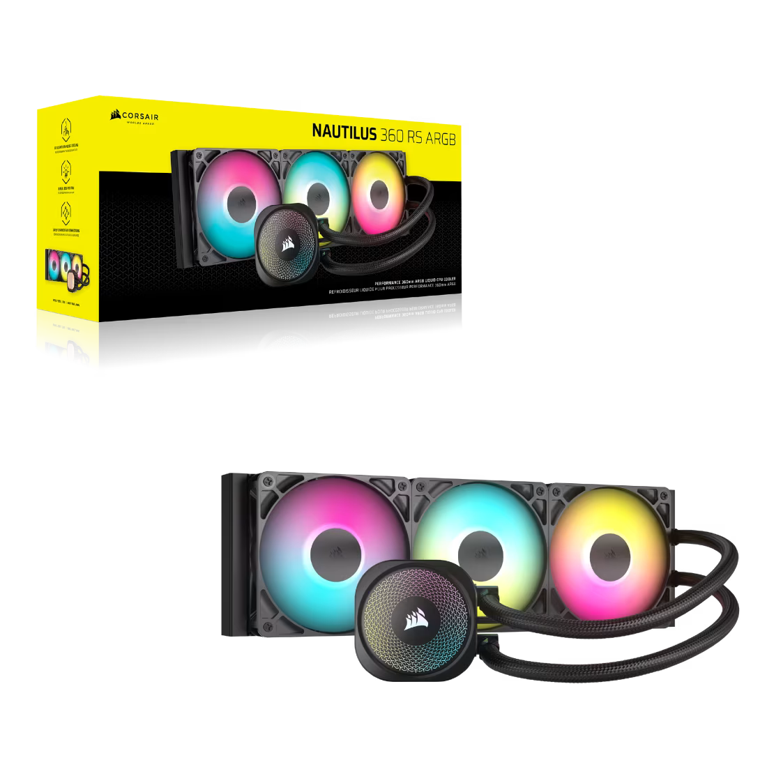 مبرد وحدة المعالجة المركزية السائل Corsair Nautilus 360 RS ARGB، اتصال مباشر باللوحة الأم، تبريد منخفض الضوضاء