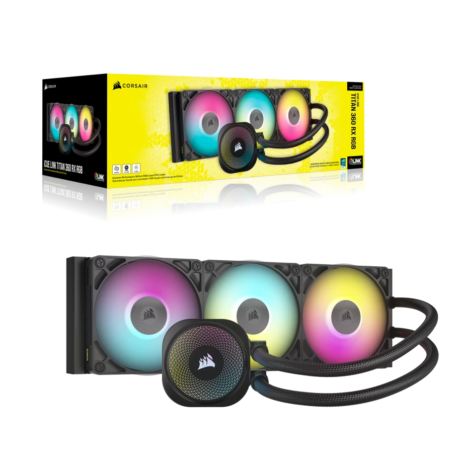 مبرد سائل لوحدة المعالجة المركزية Corsair iCUE Link Titan 360 RX RGB AIO، ضوضاء منخفضة، محرك تبريد FlowDrive، 3 مراوح RX120 RGB