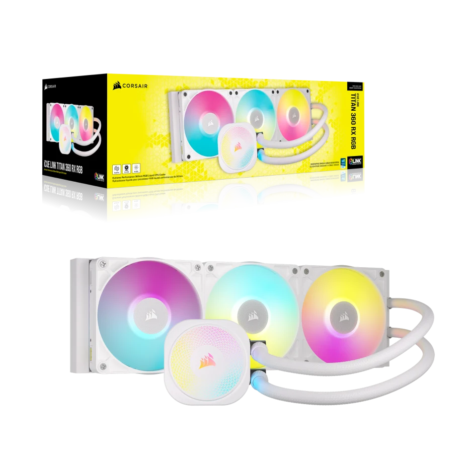 مبرد سائل لوحدة المعالجة المركزية Corsair iCUE Link Titan 360 RX RGB AIO، ضوضاء منخفضة، محرك تبريد FlowDrive، 3 مراوح RX120 RGB