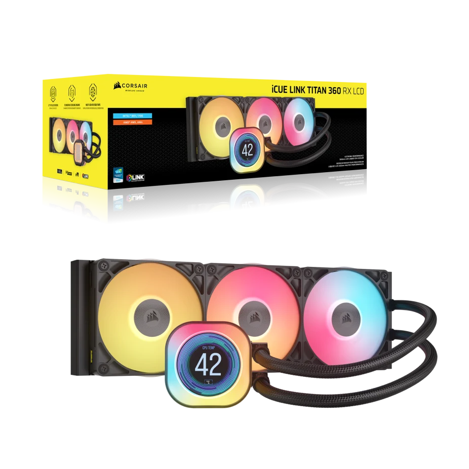 مبرد وحدة المعالجة المركزية السائل Corsair iCUE Link Titan 360 RX LCD، ضوضاء منخفضة، 3 مراوح RX120 RGB