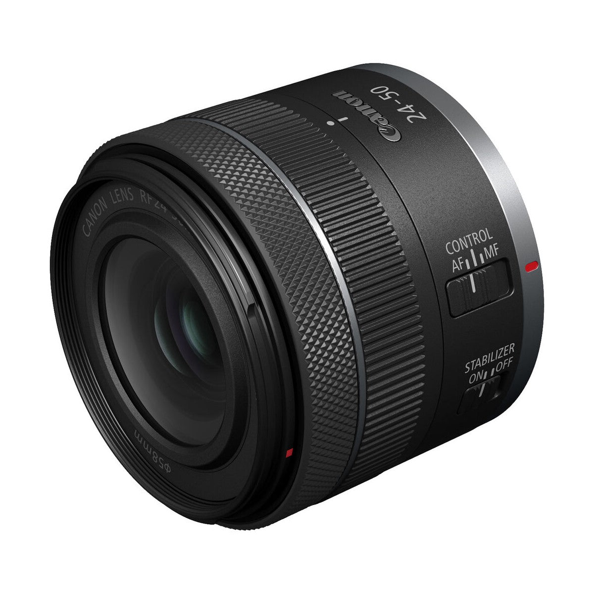 عدسة كانون RF 24-50 مم بفتحة عدسة F4.5-6.3 مع مانع اهتزاز IS، مثبت اهتزاز 4.5 توقف، تقريب بصري 2x، وفتحة عدسة ذات 7 شفرات، وتركيز STM