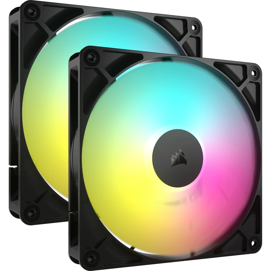 مراوح Corsair RS140 ARGB PWM مقاس 140 مم بحزمة مزدوجة، توصيل متسلسل، ضوضاء منخفضة