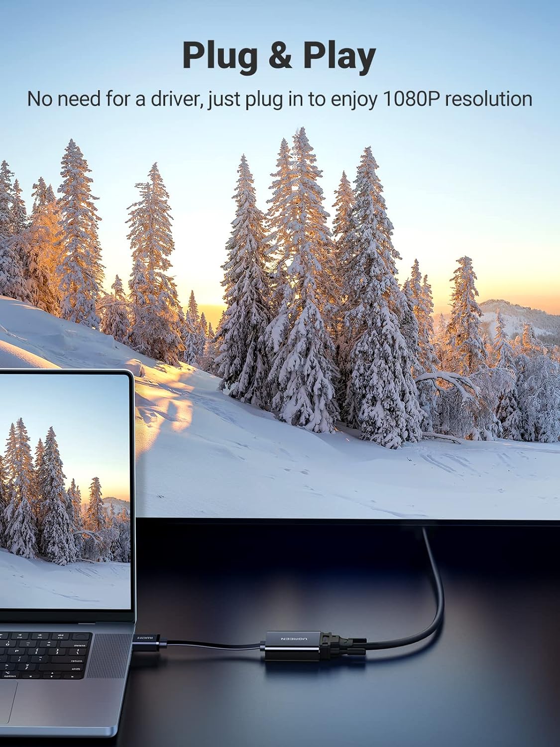 محول Ugreen Active HDMI إلى VGA مع مقبس صوت 3.5 ملم، HDMI ذكر إلى VGA أنثى بدقة تصل إلى 1080P