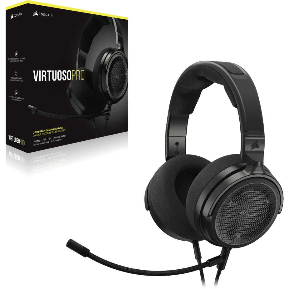 سماعة رأس Corsair Virtuoso PRO مفتوحة من الخلف للبث والألعاب، ميكروفون أحادي الاتجاه قابل للفصل