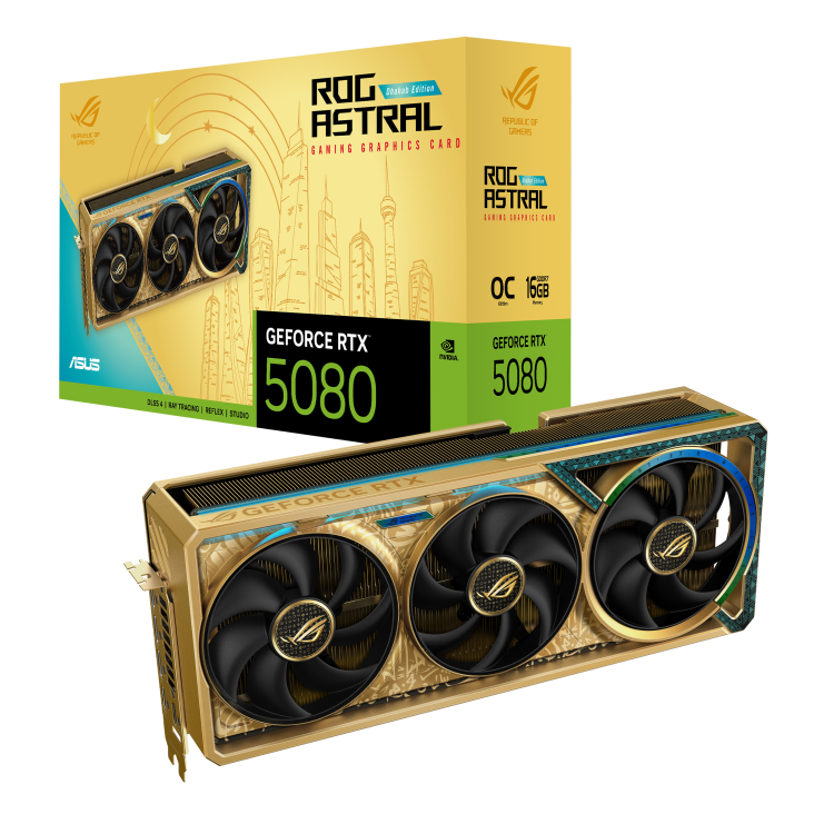 بطاقة الرسوميات ASUS ROG Astral GeForce RTX 5080 Dhahab CORE OC Edition، مروحة رباعية القوة، ذاكرة 16 جيجابايت GDDR7، واجهة PCIe 5.0