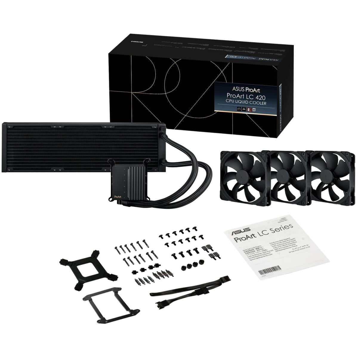 مبرد سائل لوحدة المعالجة المركزية المتكامل ASUS ProArt LC 420، وثلاث مراوح لمبرد Noctua NF-A14 industrialPPC-2000 PWM مقاس 140 مم