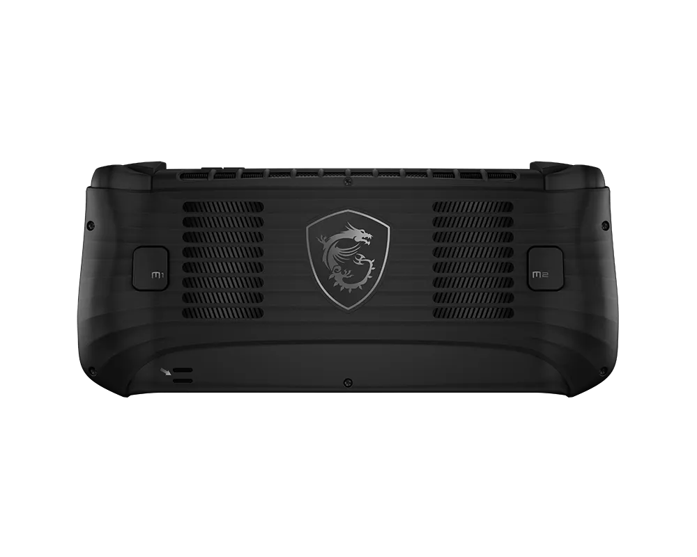 Black gaming console with a logo on a white background