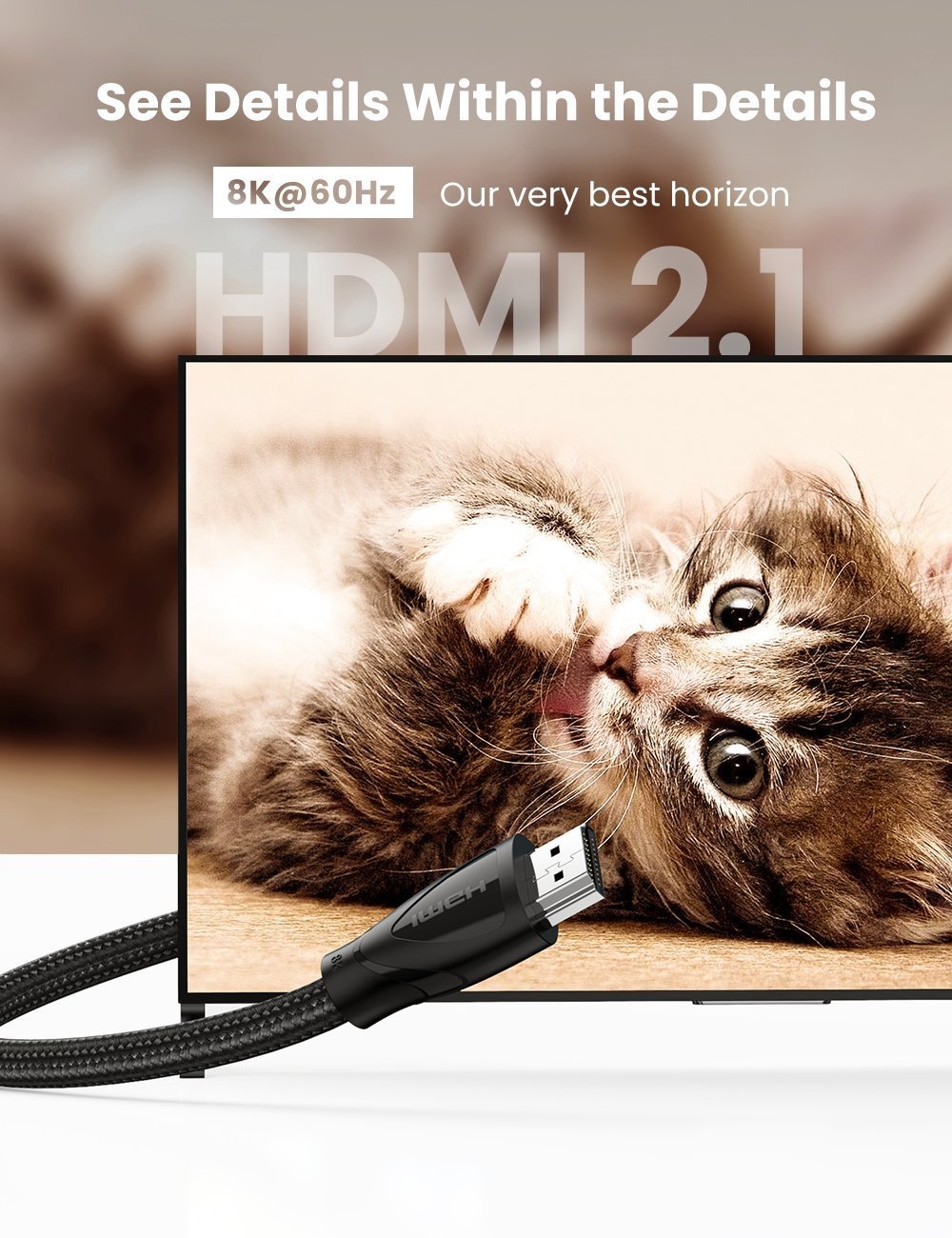كابل Ugreen HDMI 8K 2.1، كابل HDMI مضفر فائق السرعة 48 جيجابت في الثانية - 2 متر