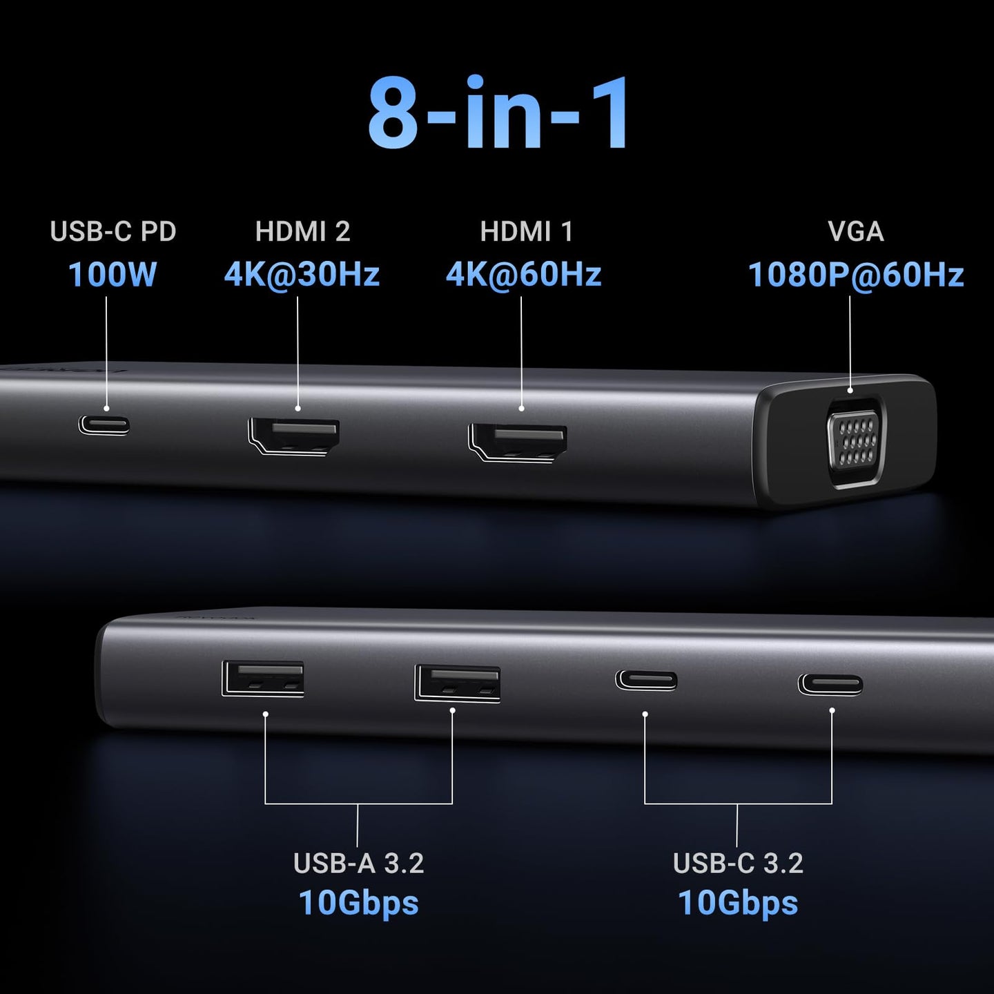 محطة إرساء يوجرين 8 في 1 USB-C بدقة 4K بشاشتين، موزع USB-C ثلاثي الشاشات مع 2 منفذ HDMI و VGA ومنفذي USB-A و USB-C 3.2 ومنفذ توصيل طاقة 100 واط