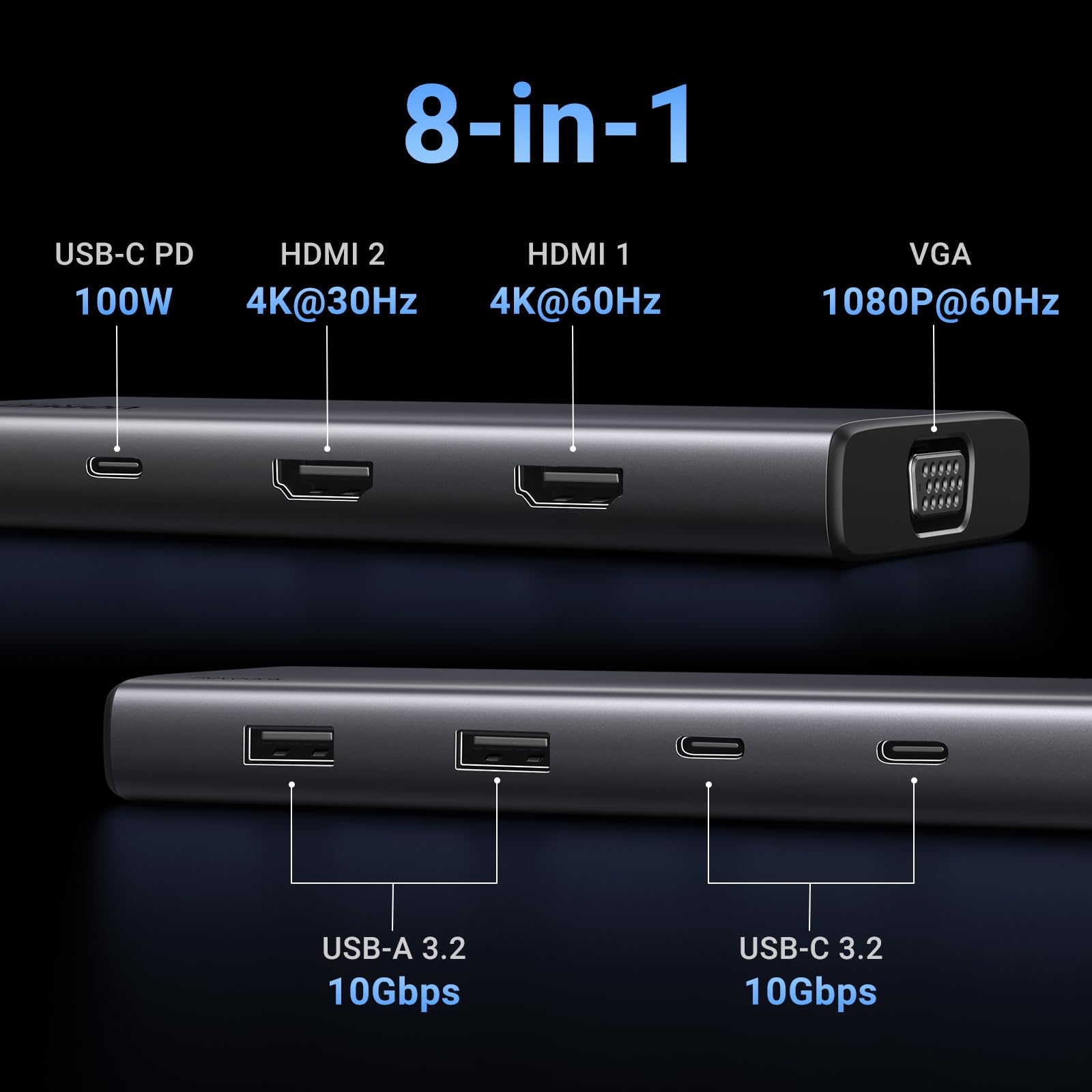 محطة إرساء يوجرين 8 في 1 USB-C بدقة 4K بشاشتين، موزع USB-C ثلاثي الشاشات مع 2 منفذ HDMI و VGA ومنفذي USB-A و USB-C 3.2 ومنفذ توصيل طاقة 100 واط