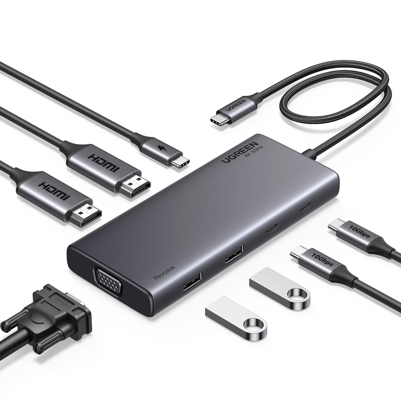 محطة إرساء يوجرين 8 في 1 USB-C بدقة 4K بشاشتين، موزع USB-C ثلاثي الشاشات مع 2 منفذ HDMI و VGA ومنفذي USB-A و USB-C 3.2 ومنفذ توصيل طاقة 100 واط