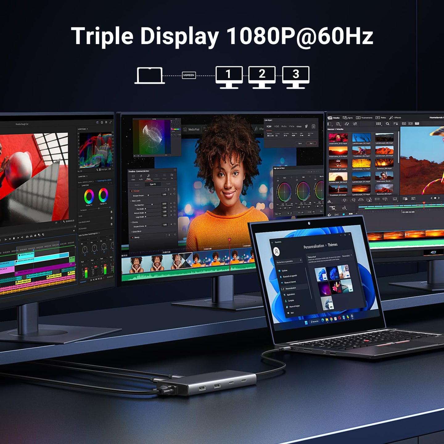محطة إرساء يوجرين 8 في 1 USB-C بدقة 4K بشاشتين، موزع USB-C ثلاثي الشاشات مع 2 منفذ HDMI و VGA ومنفذي USB-A و USB-C 3.2 ومنفذ توصيل طاقة 100 واط